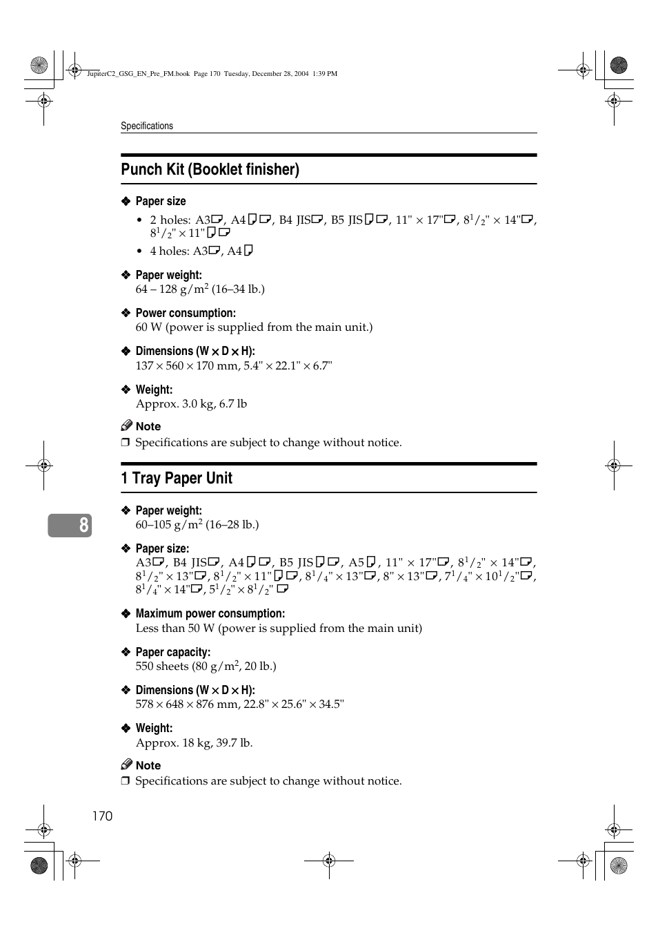 Punch kit (booklet finisher), 1 tray paper unit | Ricoh LD335c User Manual | Page 182 / 196