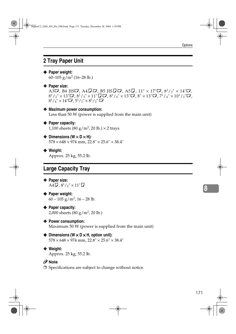 2 tray paper unit, Large capacity tray | Ricoh LD335c User Manual | Page 183 / 196