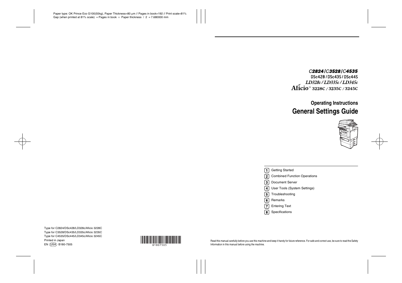 General settings guide, Operating instructions | Ricoh LD335c User Manual | Page 196 / 196