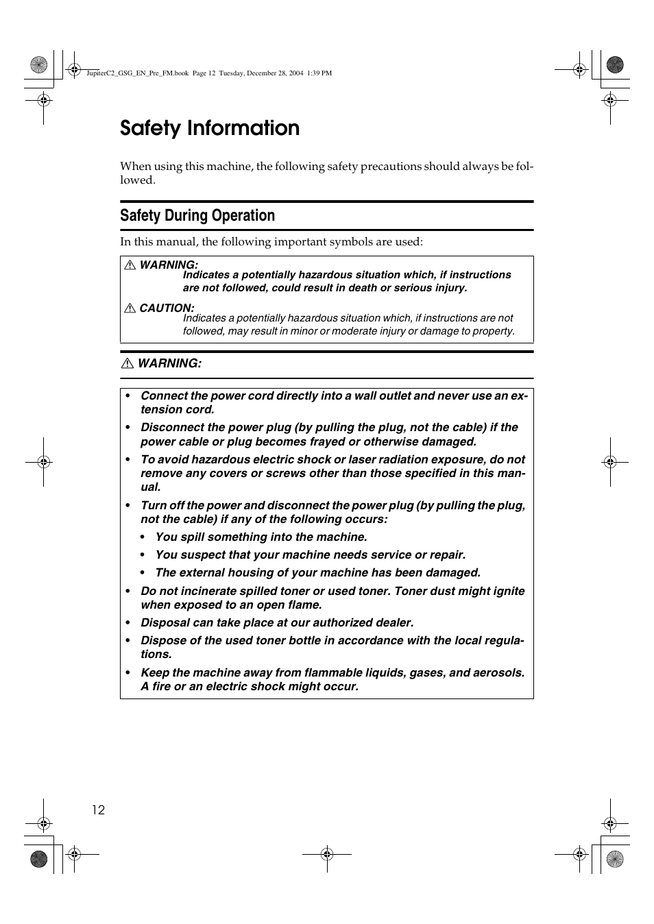 Safety information, Safety during operation | Ricoh LD335c User Manual | Page 24 / 196