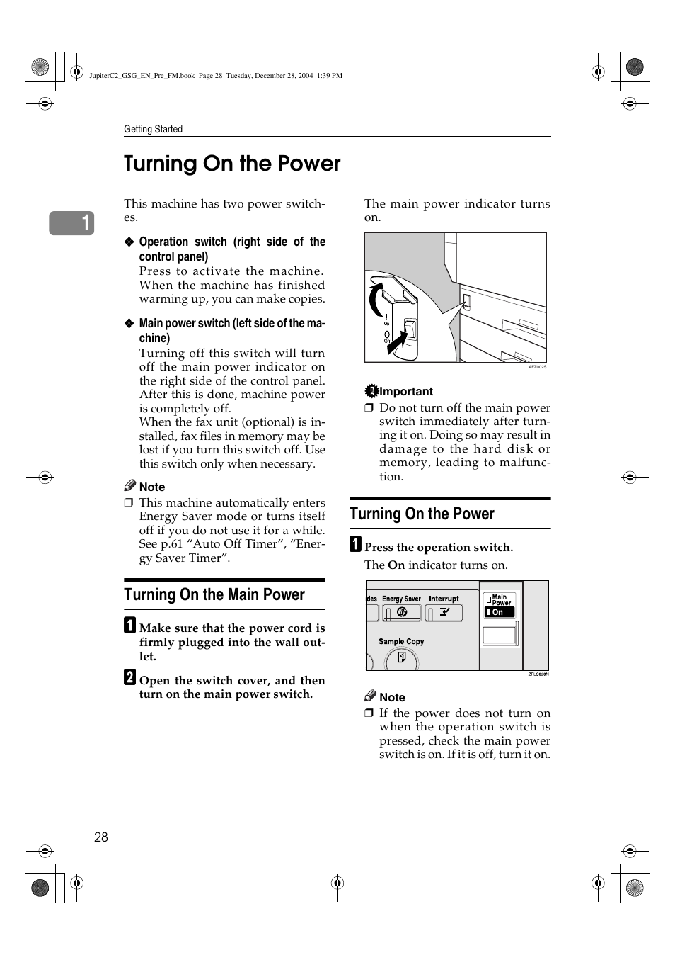 1turning on the power, Turning on the main power, Turning on the power | Ricoh LD335c User Manual | Page 40 / 196