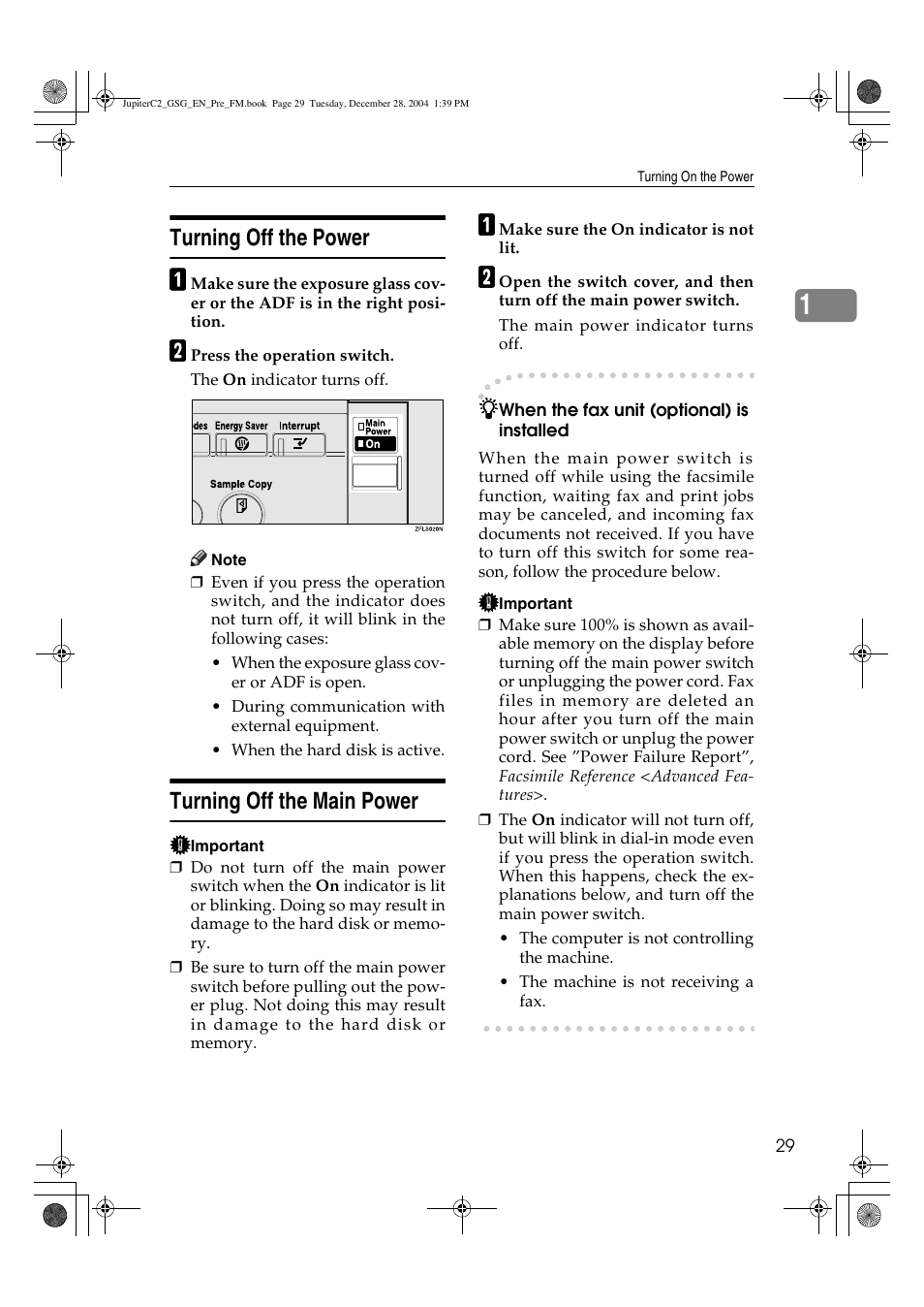 Turning off the power, Turning off the main power | Ricoh LD335c User Manual | Page 41 / 196
