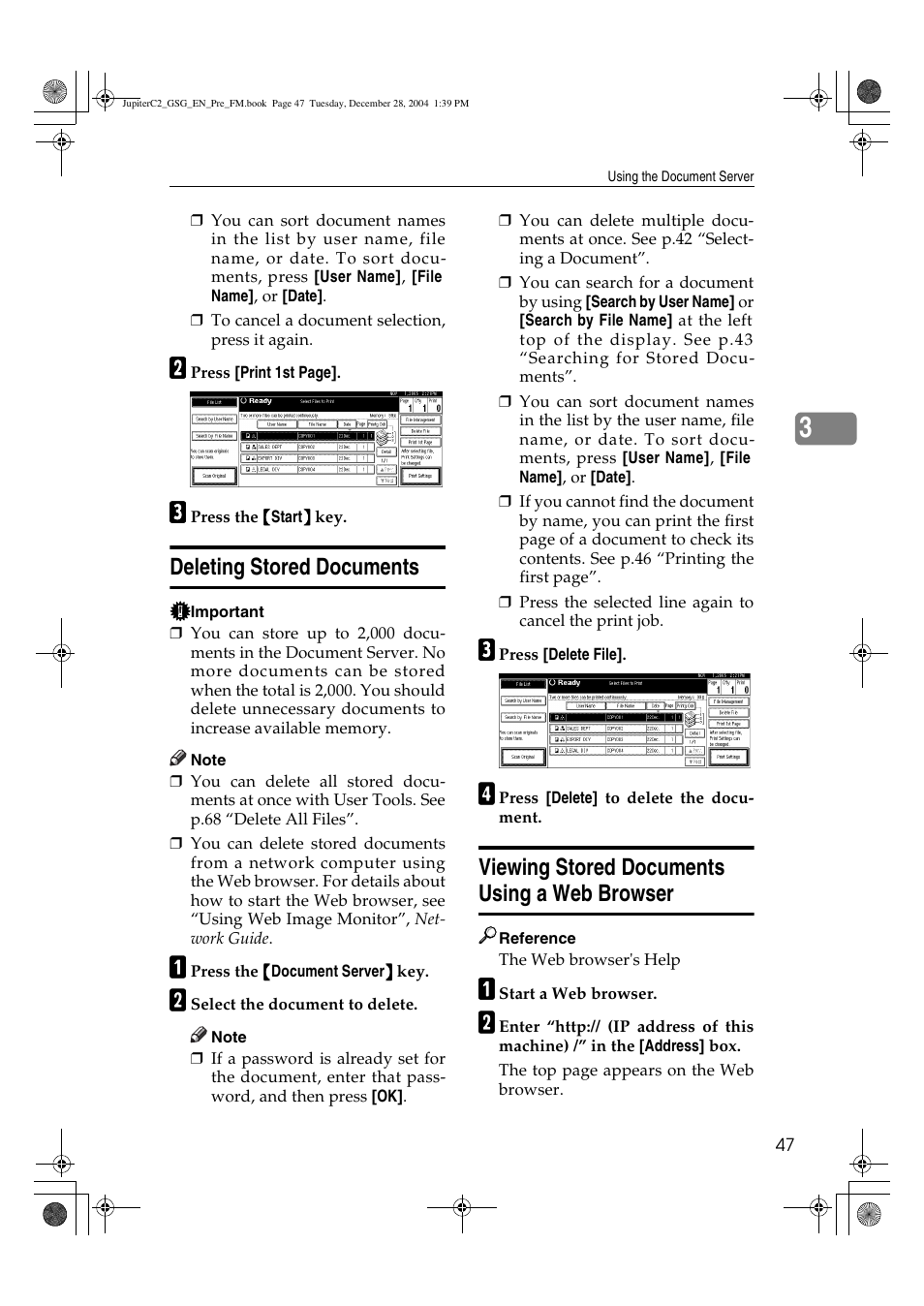 Deleting stored documents, Viewing stored documents using a web browser | Ricoh LD335c User Manual | Page 59 / 196