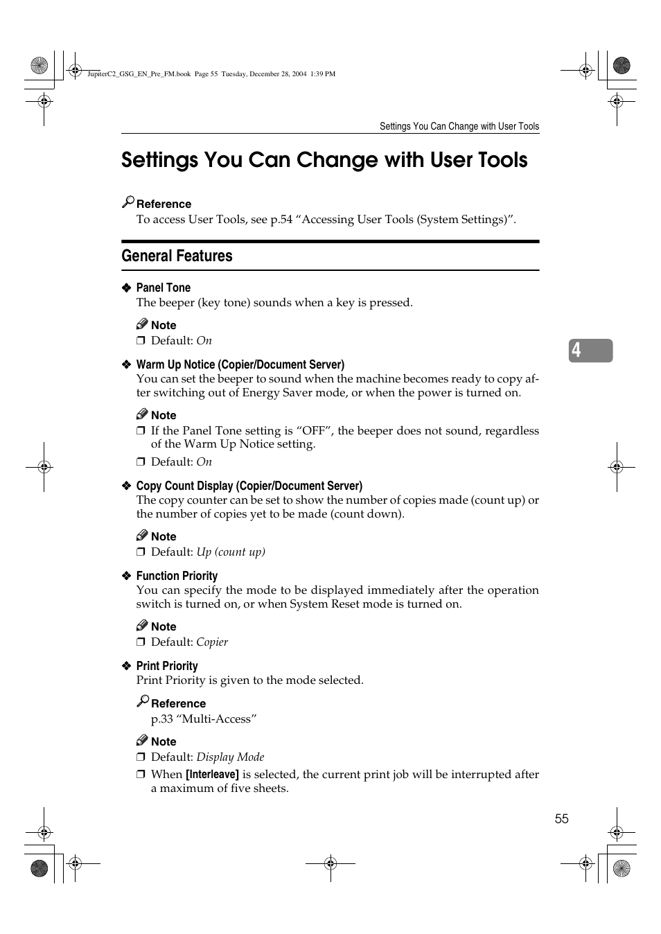 4settings you can change with user tools, General features | Ricoh LD335c User Manual | Page 67 / 196