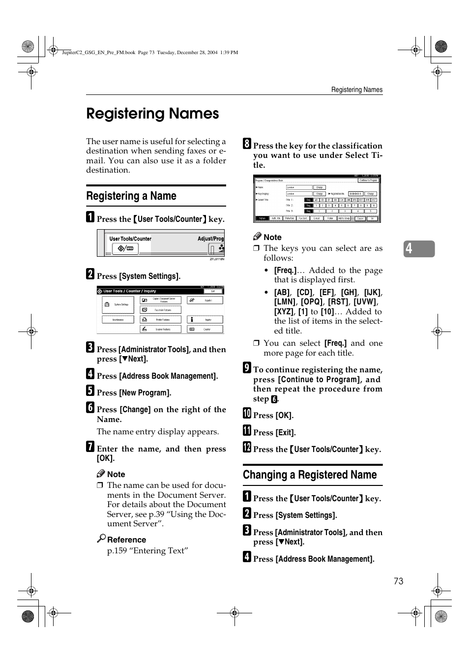 4registering names, Registering a name, Changing a registered name | Ricoh LD335c User Manual | Page 85 / 196