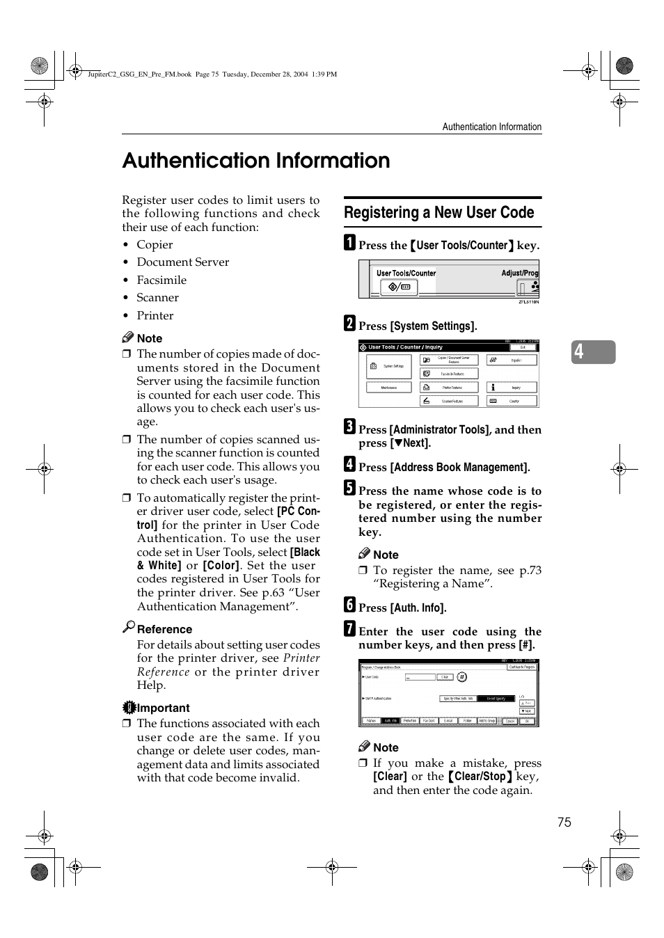 4authentication information, Registering a new user code | Ricoh LD335c User Manual | Page 87 / 196