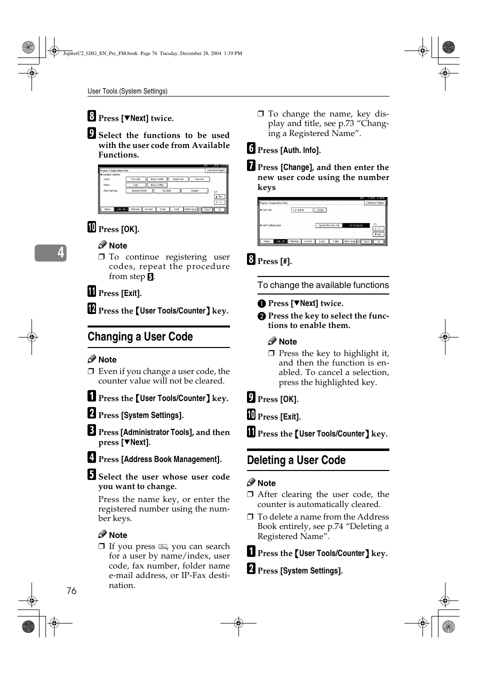Changing a user code, Deleting a user code | Ricoh LD335c User Manual | Page 88 / 196