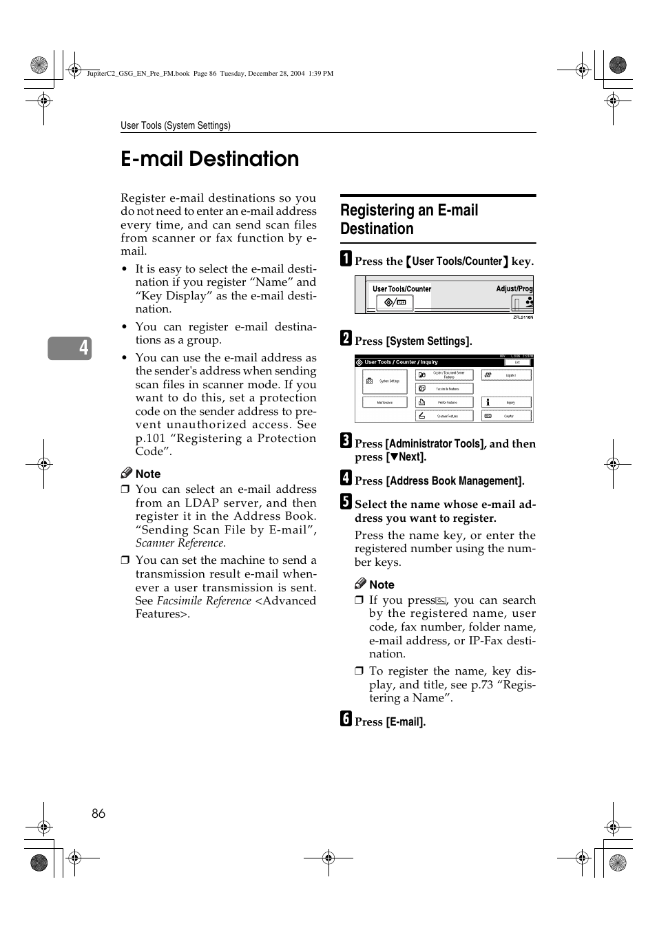 4e-mail destination, Registering an e-mail destination | Ricoh LD335c User Manual | Page 98 / 196