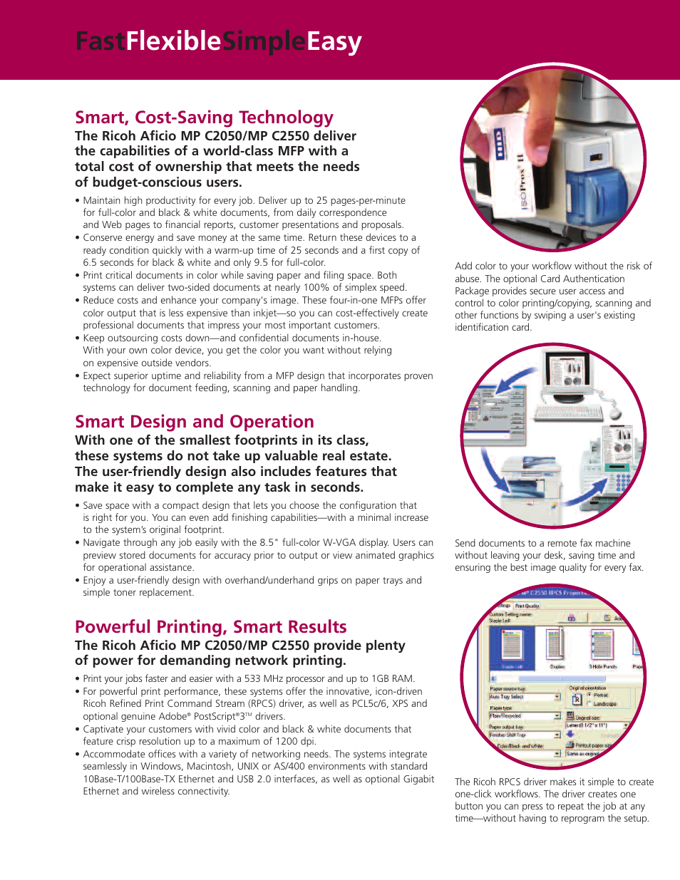 Fast flexible simple easy, Smart, cost-saving technology, Smart design and operation | Powerful printing, smart results | Ricoh Aficio MP C2550 User Manual | Page 3 / 8