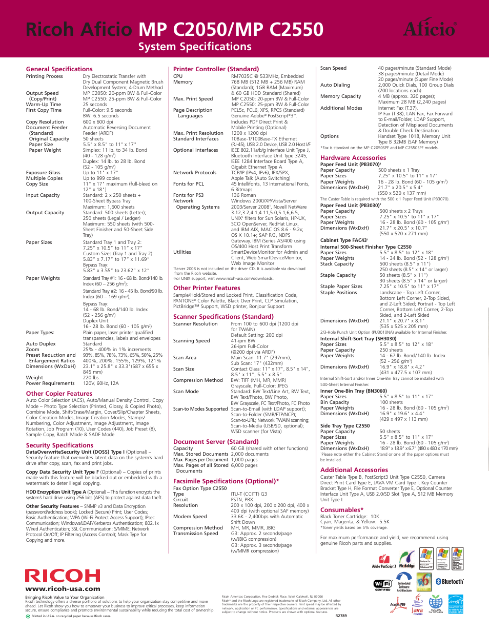 System specifications | Ricoh Aficio MP C2550 User Manual | Page 8 / 8