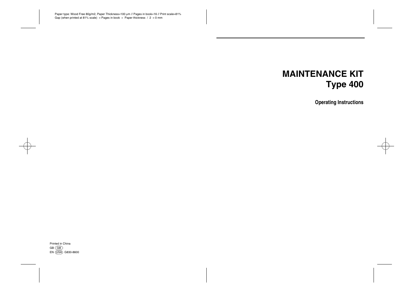 Maintenance kit type 400, Operating instructions | Ricoh Aficio AP400 User Manual | Page 20 / 20