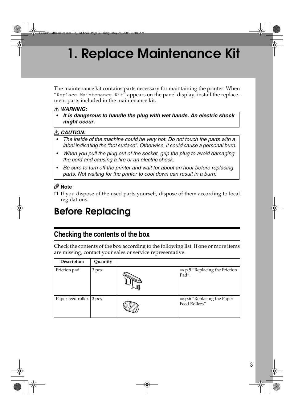 Replace maintenance kit, Before replacing, Checking the contents of the box | Ricoh Aficio AP400 User Manual | Page 7 / 20