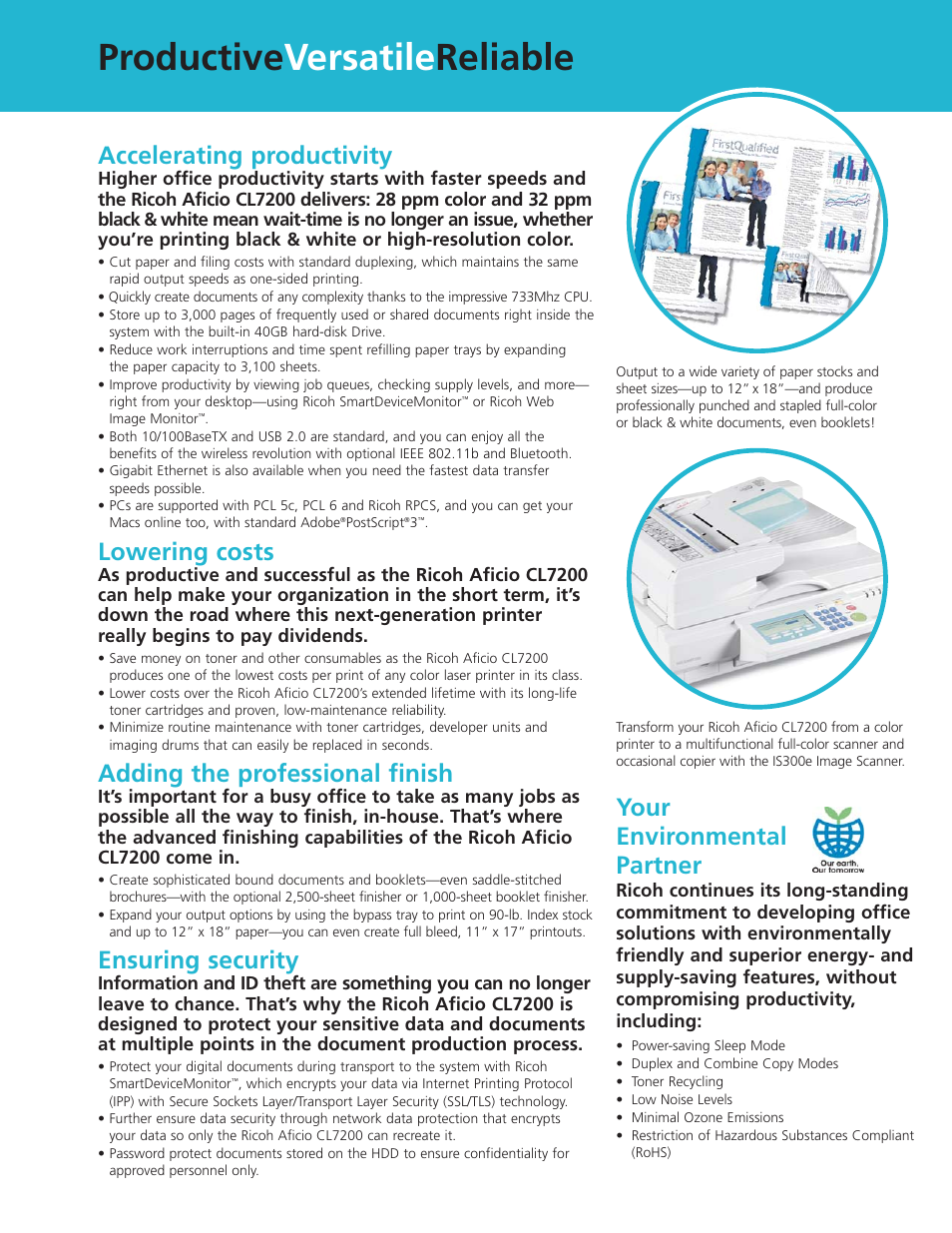 Productive versatile reliable, Accelerating productivity, Lowering costs | Adding the professional finish, Ensuring security, Your environmental partner | Ricoh Aficio CL7200 User Manual | Page 3 / 4