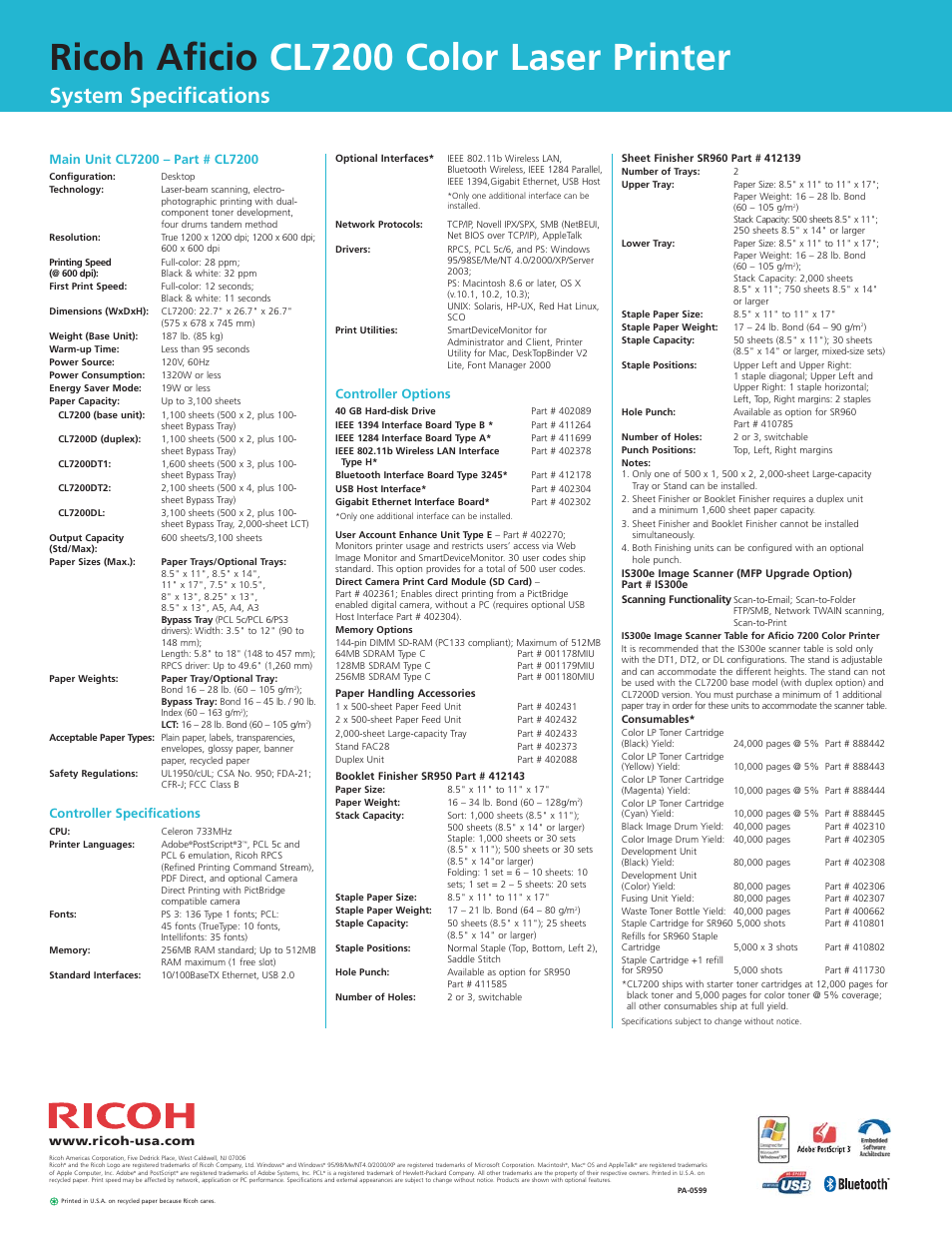 Ricoh aficio cl7200 color laser printer, System specifications, Controller specifications | Controller options | Ricoh Aficio CL7200 User Manual | Page 4 / 4