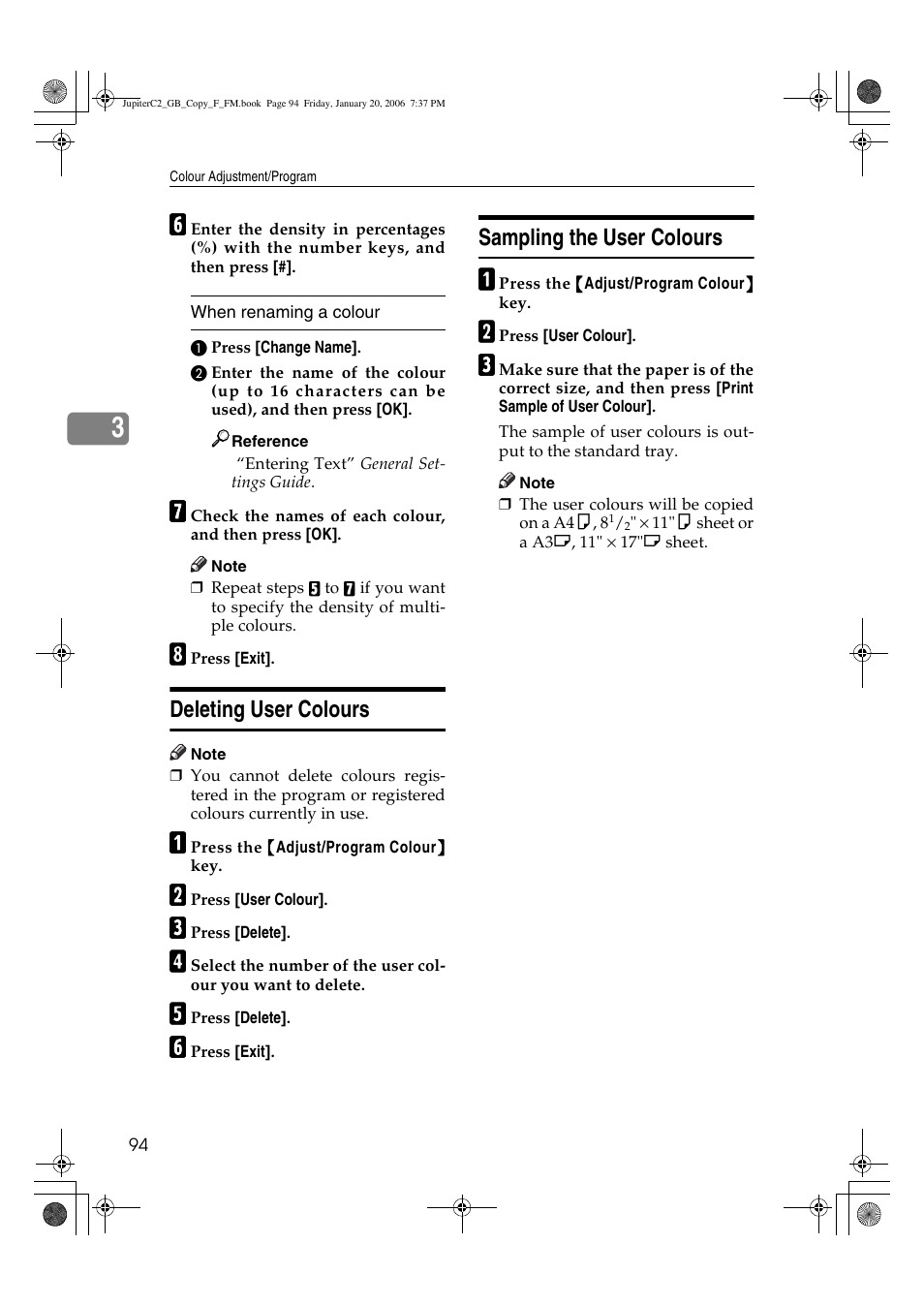 Deleting user colours, Sampling the user colours | Ricoh Aficio 3245C User Manual | Page 108 / 160