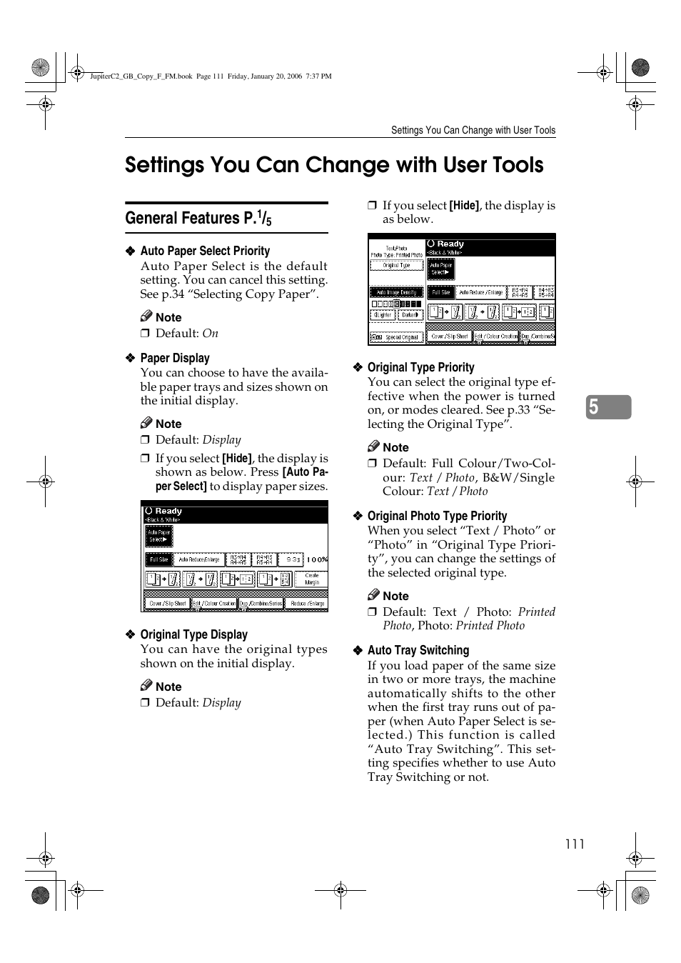 5settings you can change with user tools, General features p | Ricoh Aficio 3245C User Manual | Page 125 / 160