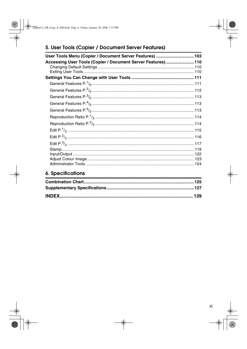 User tools (copier / document server features), Specifications | Ricoh Aficio 3245C User Manual | Page 13 / 160