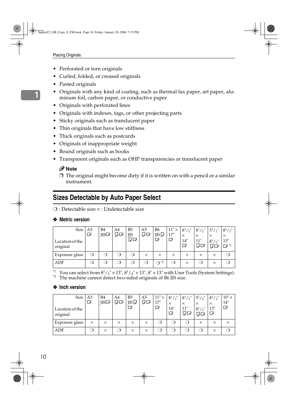 Sizes detectable by auto paper select | Ricoh Aficio 3245C User Manual | Page 24 / 160