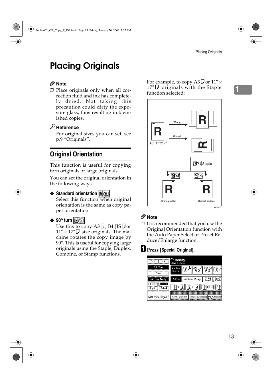 1placing originals, Original orientation | Ricoh Aficio 3245C User Manual | Page 27 / 160