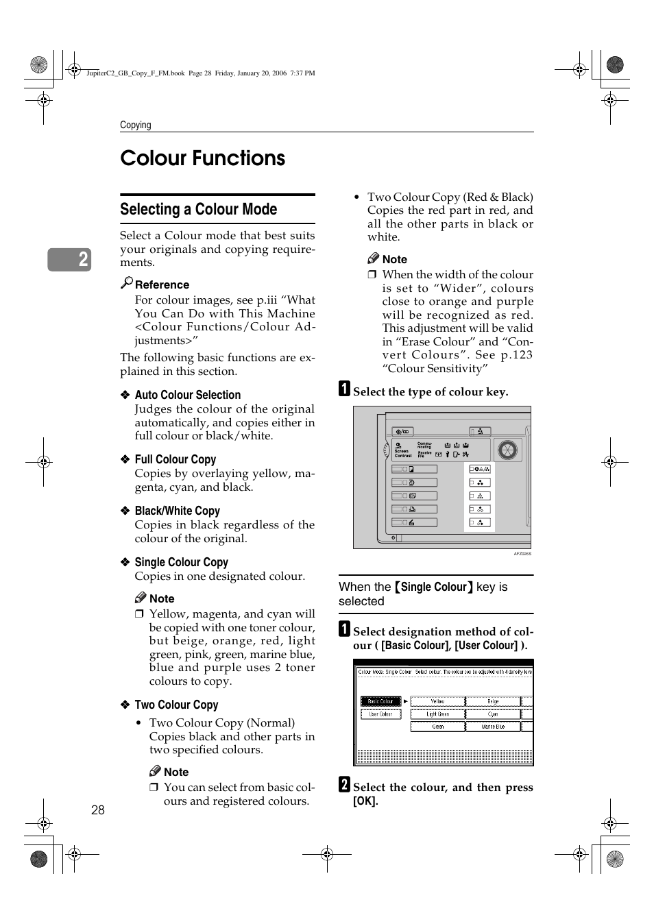2colour functions, Selecting a colour mode | Ricoh Aficio 3245C User Manual | Page 42 / 160