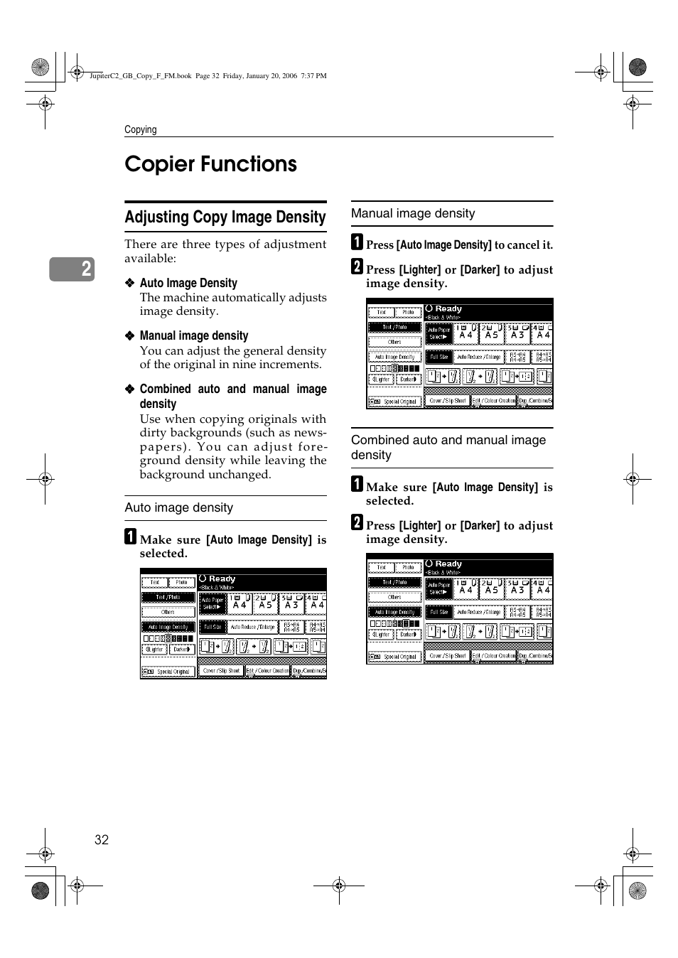 2copier functions, Adjusting copy image density | Ricoh Aficio 3245C User Manual | Page 46 / 160