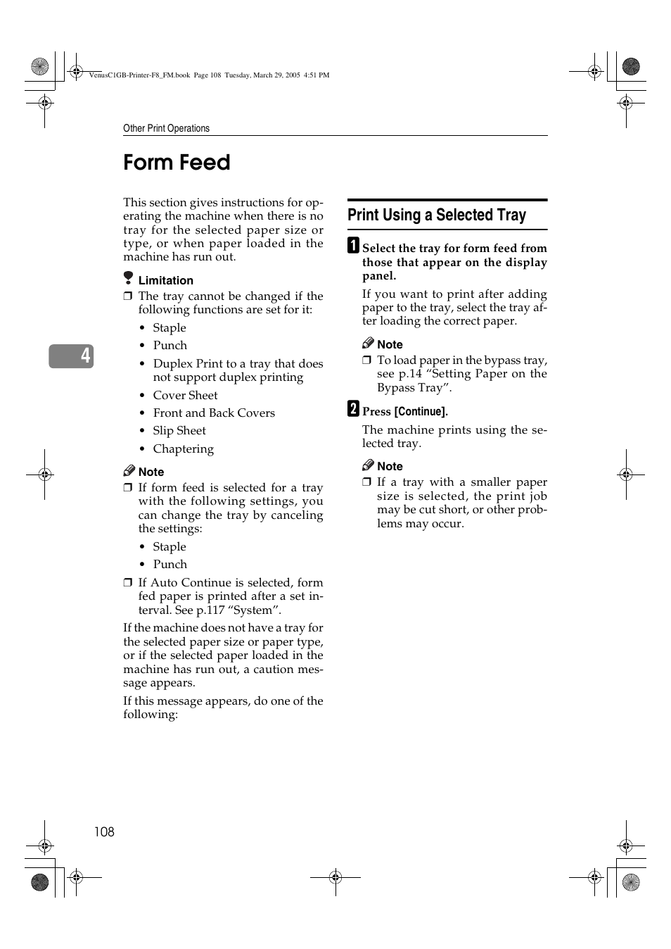 4form feed, Print using a selected tray | Ricoh Type 3260 User Manual | Page 114 / 168