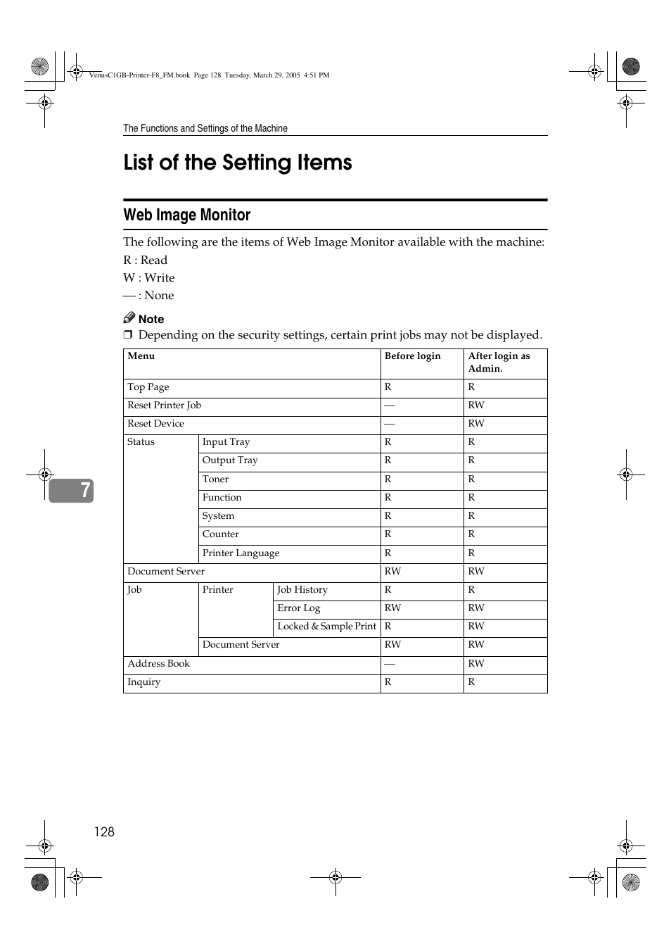 7list of the setting items, Web image monitor | Ricoh Type 3260 User Manual | Page 134 / 168