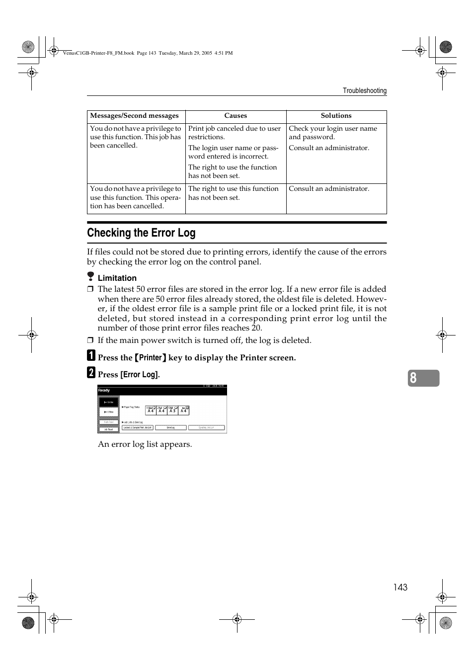 Checking the error log | Ricoh Type 3260 User Manual | Page 149 / 168