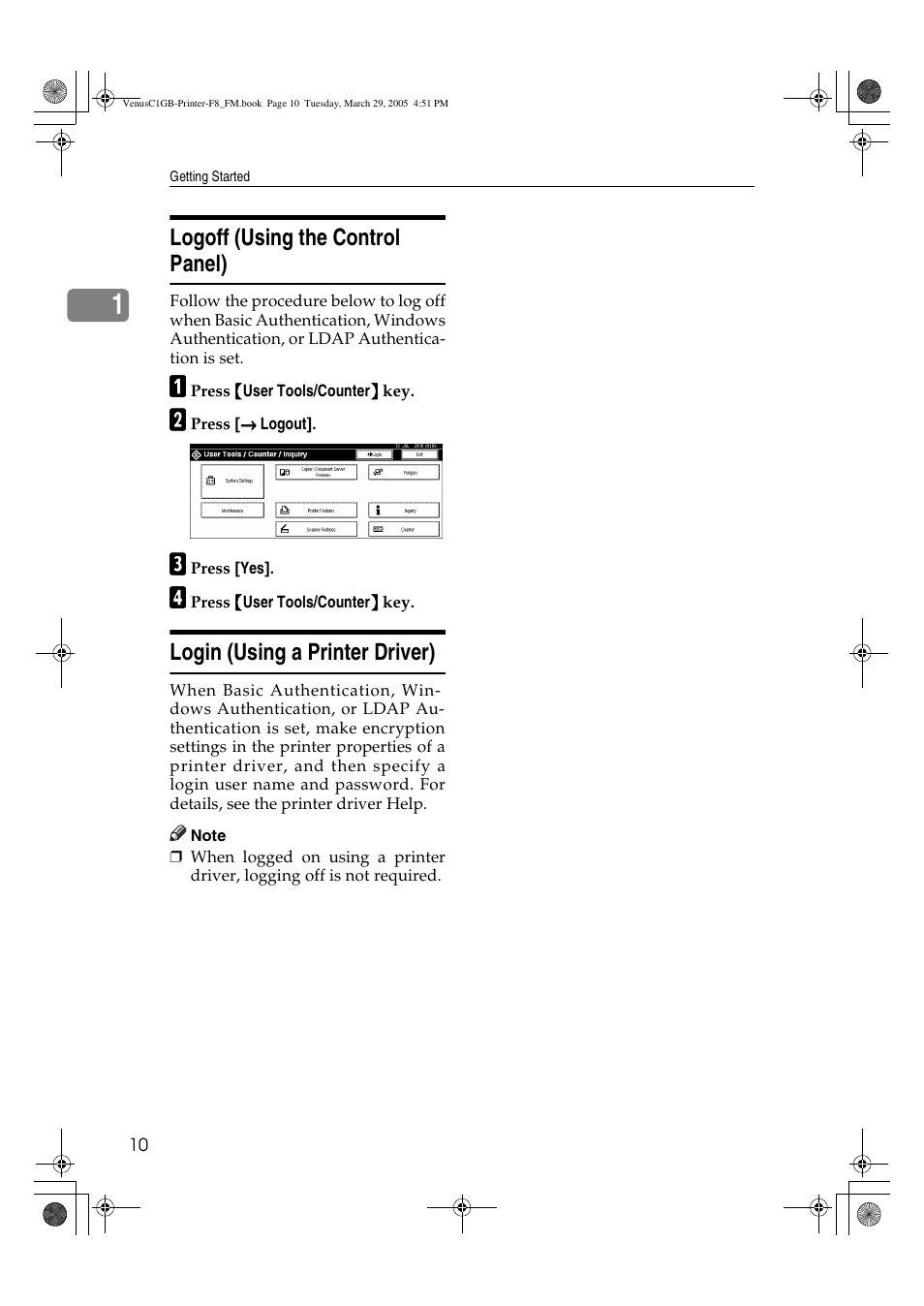 Logoff (using the control panel), Login (using a printer driver) | Ricoh Type 3260 User Manual | Page 16 / 168