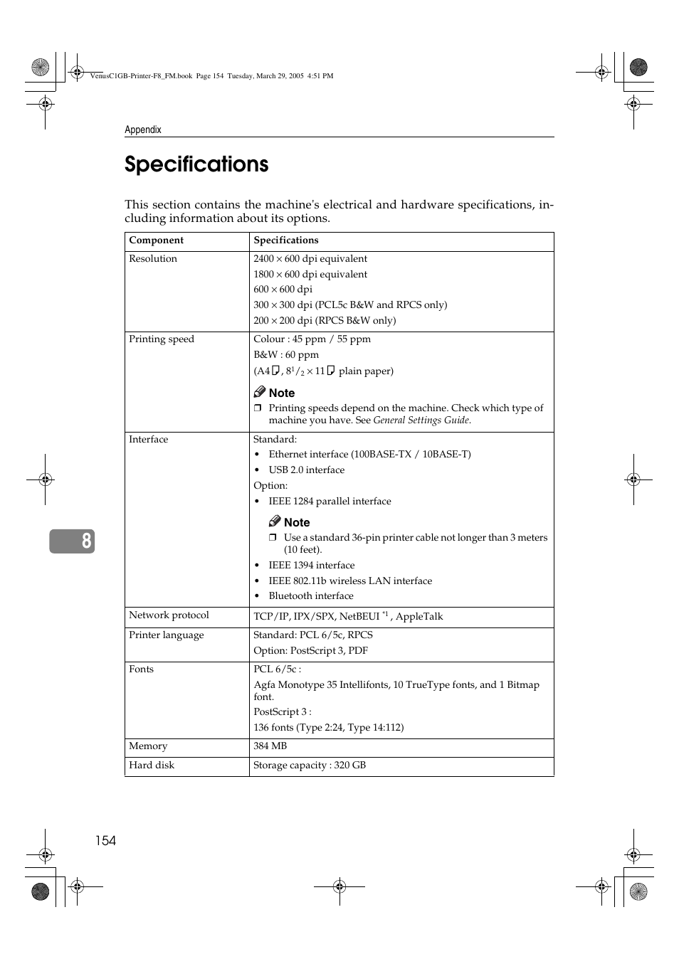 8specifications | Ricoh Type 3260 User Manual | Page 160 / 168