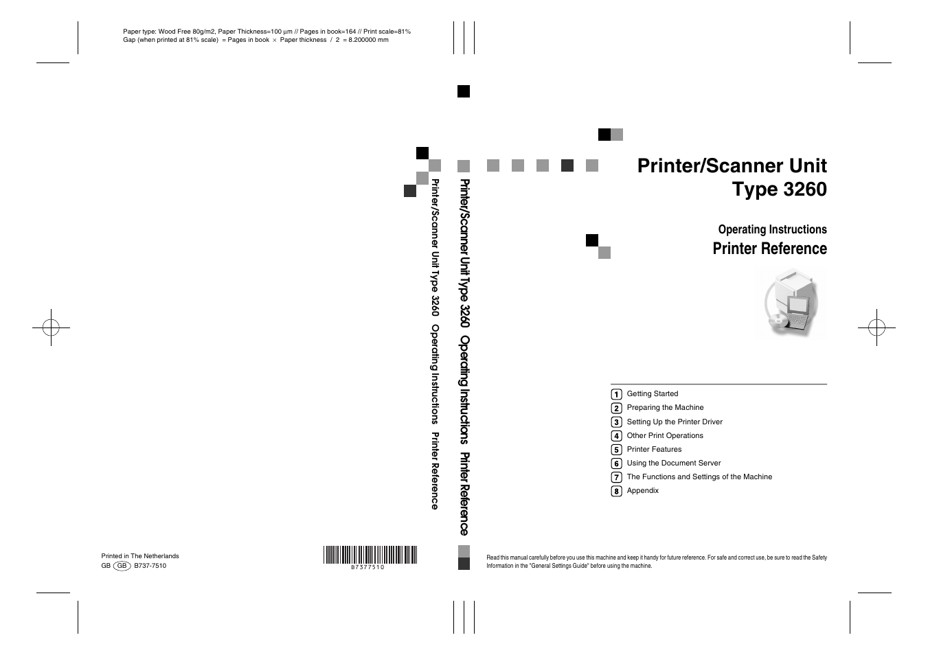 Printer/scanner unit type 3260, Printer reference, Operating instructions | Ricoh Type 3260 User Manual | Page 168 / 168