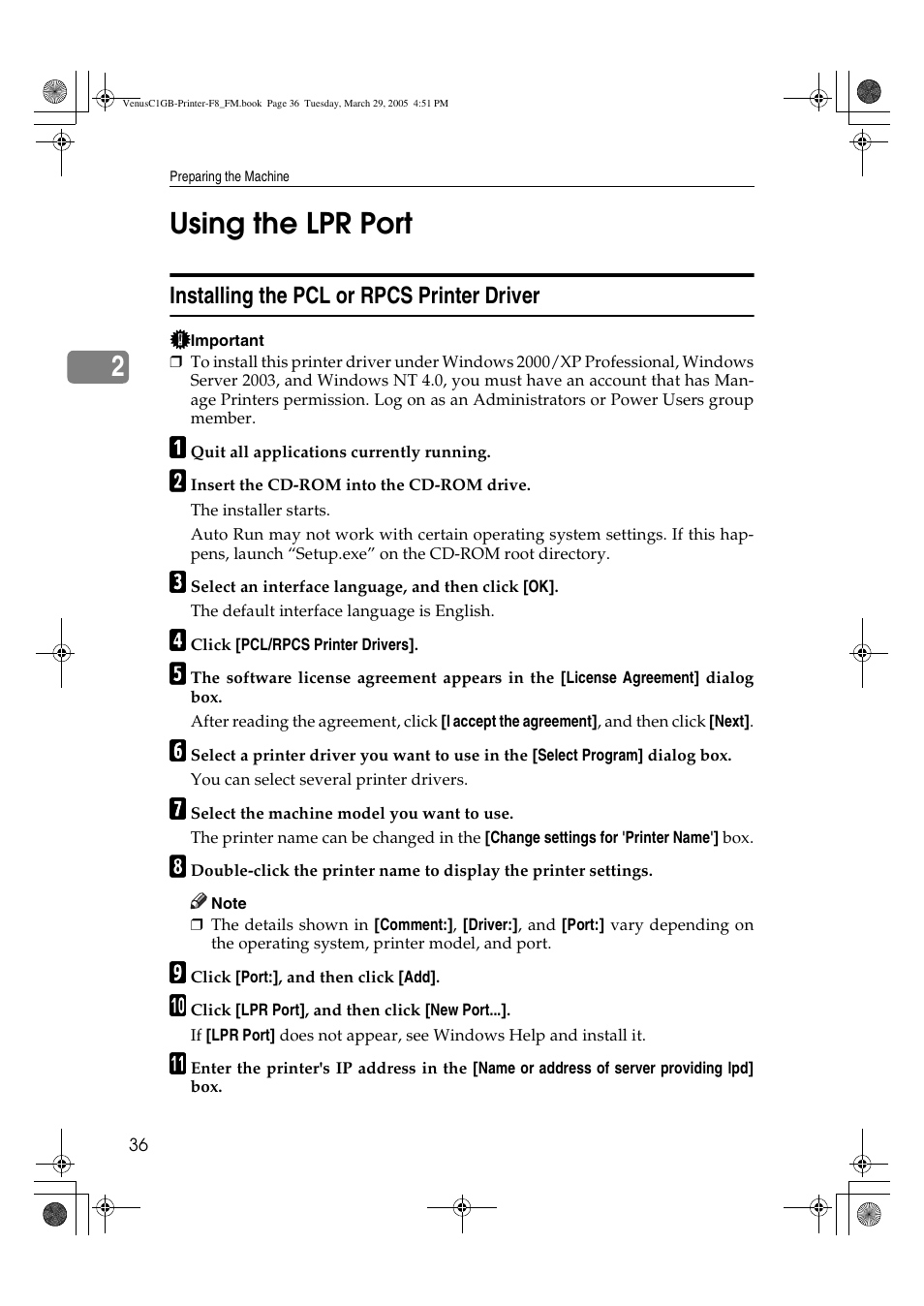2using the lpr port | Ricoh Type 3260 User Manual | Page 42 / 168
