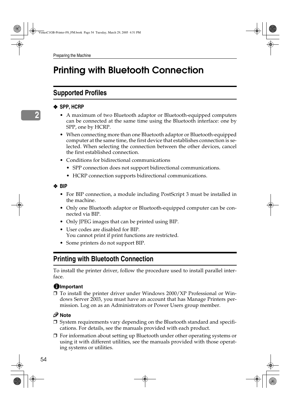 2printing with bluetooth connection, Supported profiles, Printing with bluetooth connection | Ricoh Type 3260 User Manual | Page 60 / 168