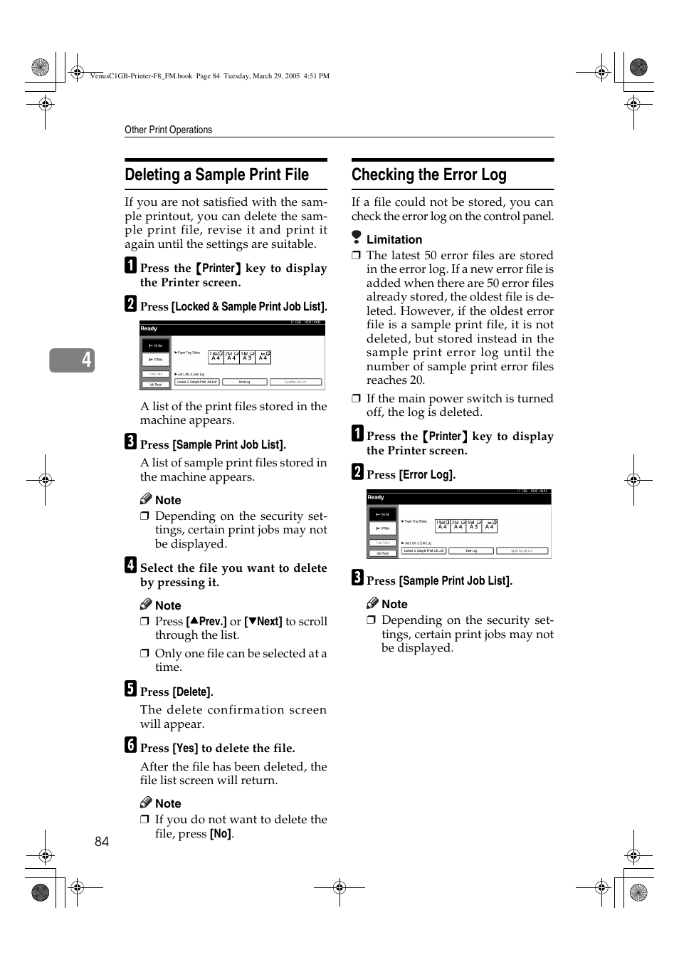 Deleting a sample print file, Checking the error log | Ricoh Type 3260 User Manual | Page 90 / 168