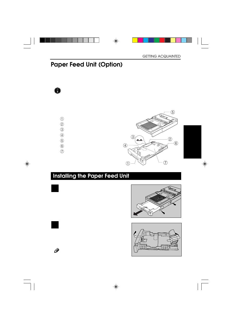 Paper feed unit (option), Installing the paper feed unit | Ricoh BIZWORKS 106 User Manual | Page 35 / 422