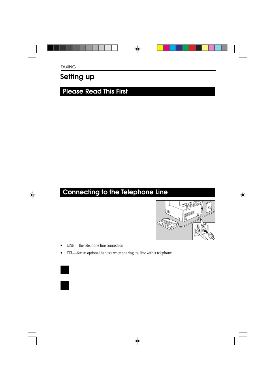 Setting up, Please read this first, Connecting to the telephone line | Ricoh BIZWORKS 106 User Manual | Page 50 / 422