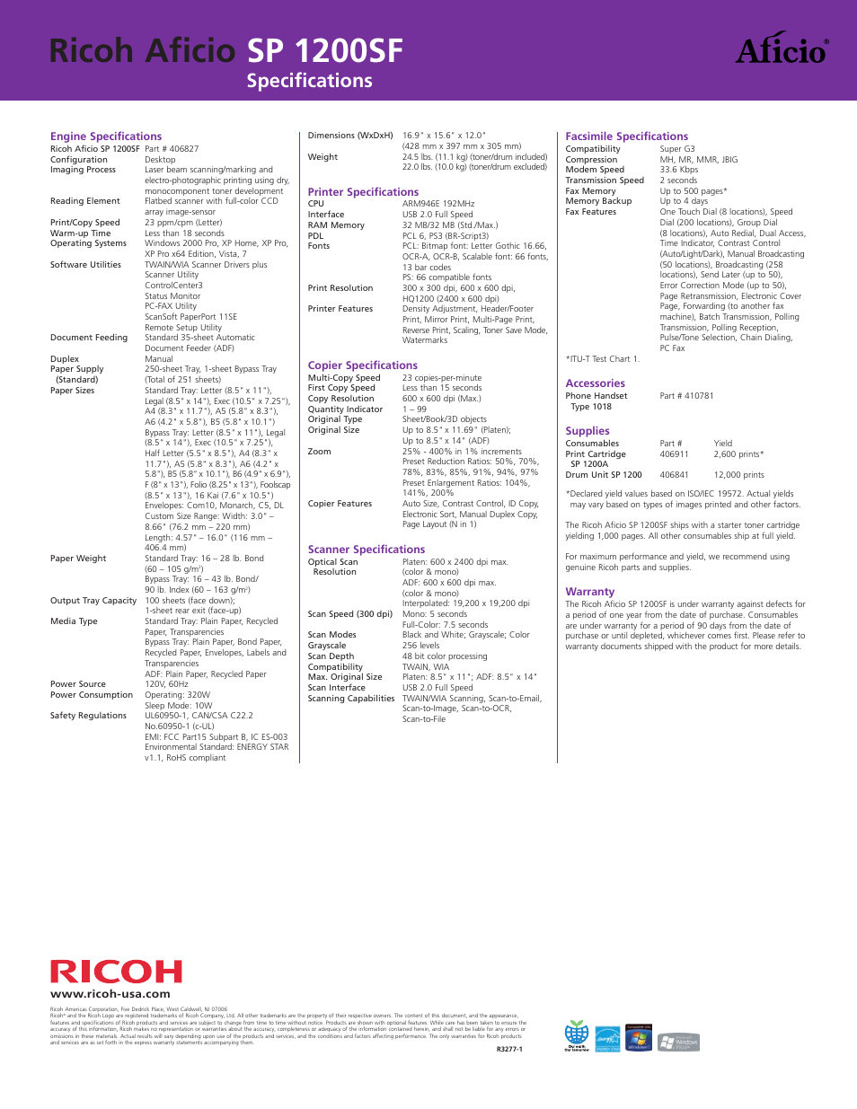 Ricoh aficio sp 1200sf, Specifications | Ricoh Aficio SP 1200SF User Manual | Page 4 / 4
