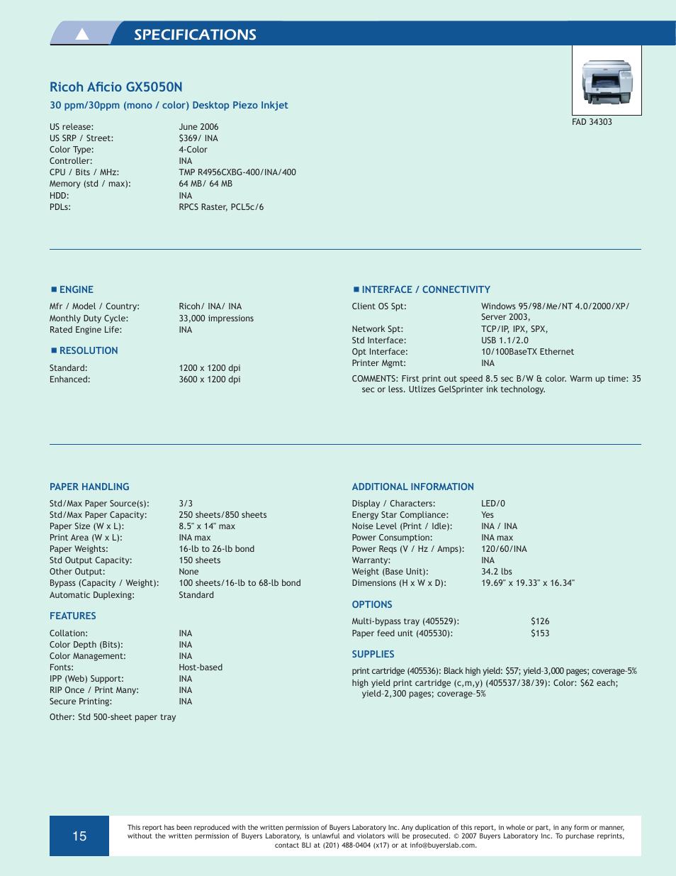 Specifications, La b te st | Ricoh GX5050N User Manual | Page 15 / 16