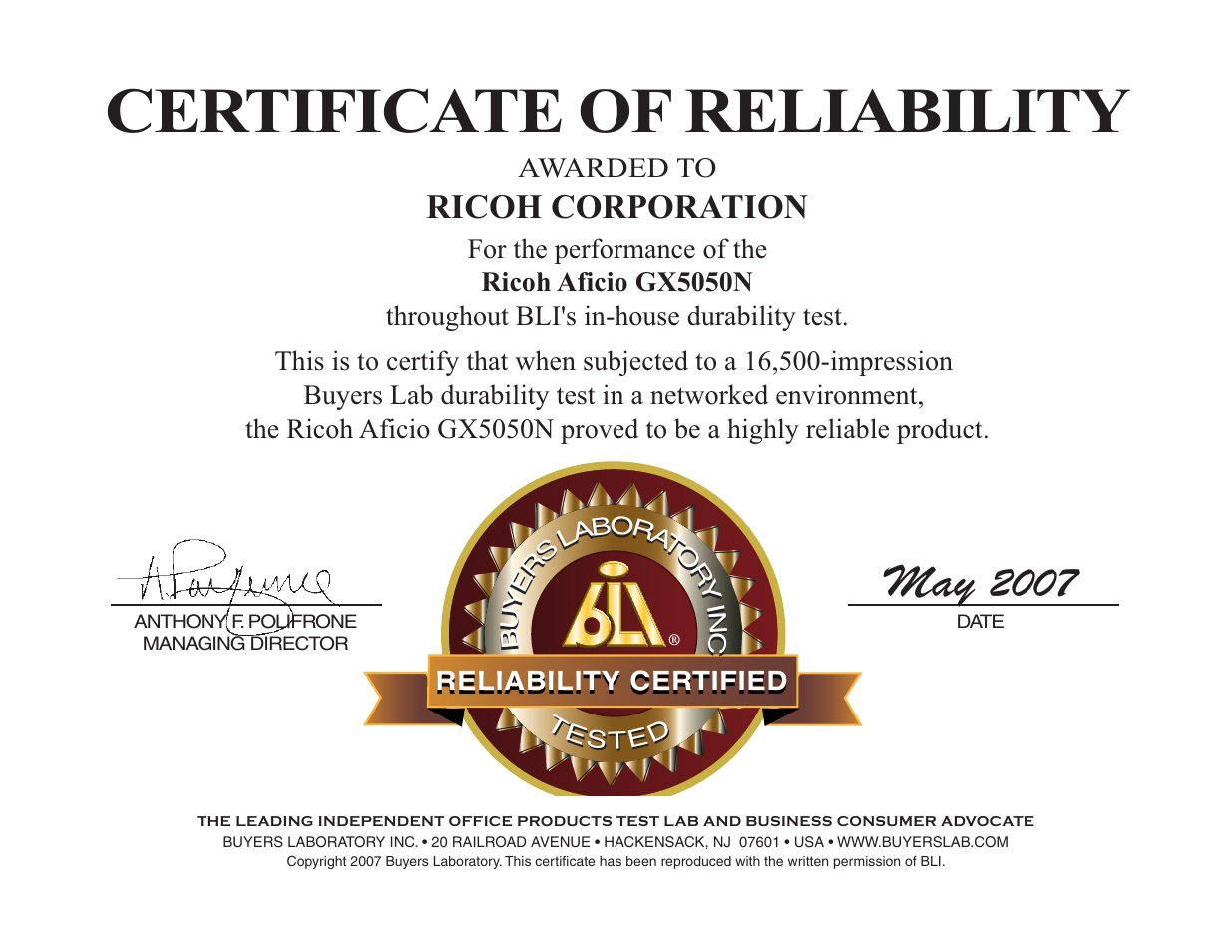 Certificate of, Reliability, Certificate of reliability | Ricoh corporation, Awarded to | Ricoh GX5050N User Manual | Page 16 / 16