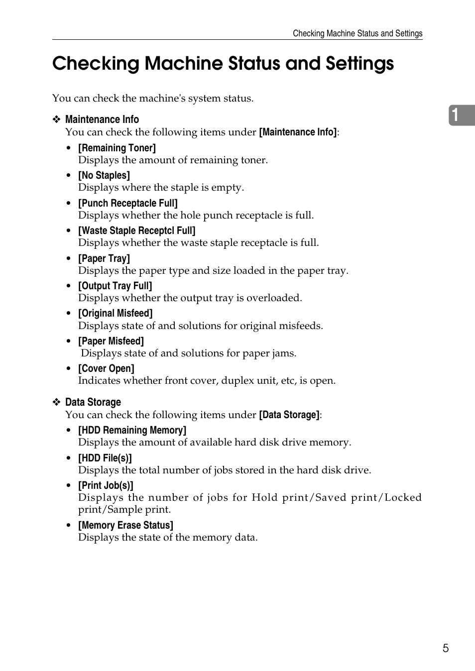 Checking machine status and settings, 1checking machine status and settings | Ricoh feeder User Manual | Page 11 / 126