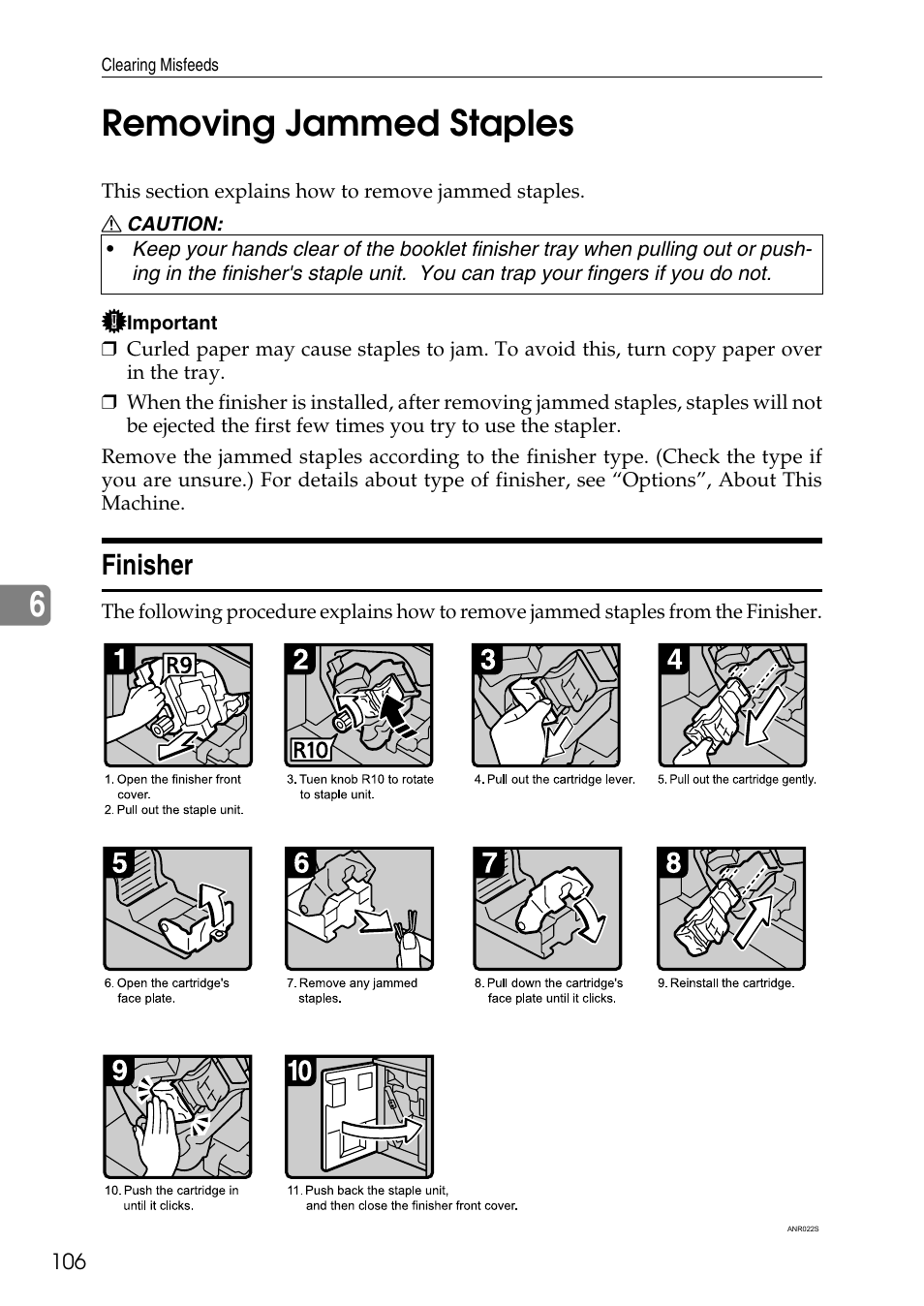 Removing jammed staples, Finisher, See p.106 “removing jammed staples | 6removing jammed staples | Ricoh feeder User Manual | Page 112 / 126