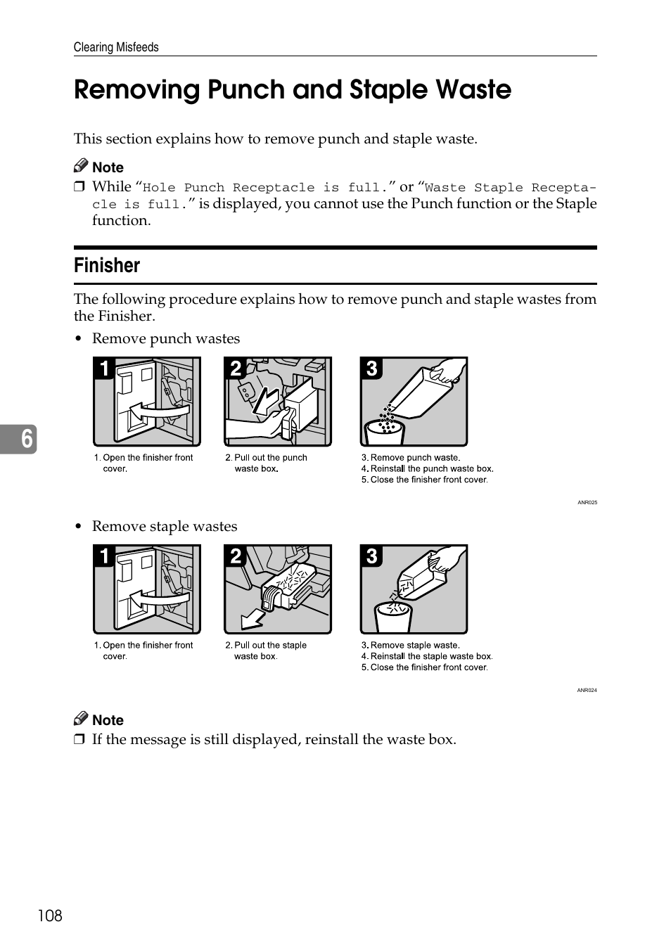 Removing punch and staple waste, Finisher, See p.108 “removing punch and staple waste | 6removing punch and staple waste | Ricoh feeder User Manual | Page 114 / 126