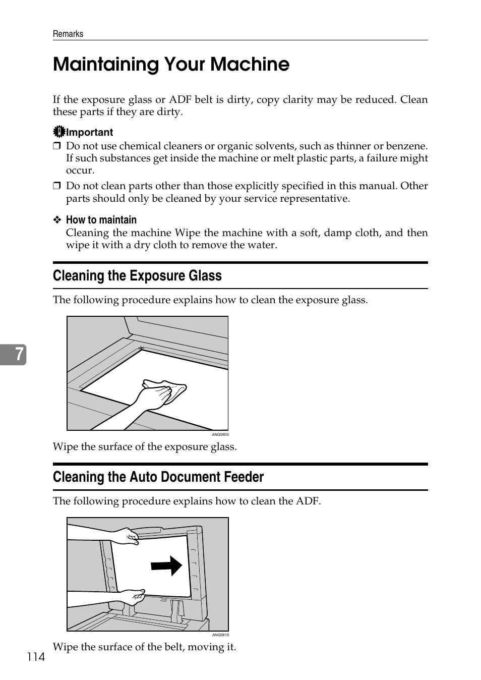 Maintaining your machine, Cleaning the exposure glass, Cleaning the auto document feeder | 7maintaining your machine | Ricoh feeder User Manual | Page 120 / 126