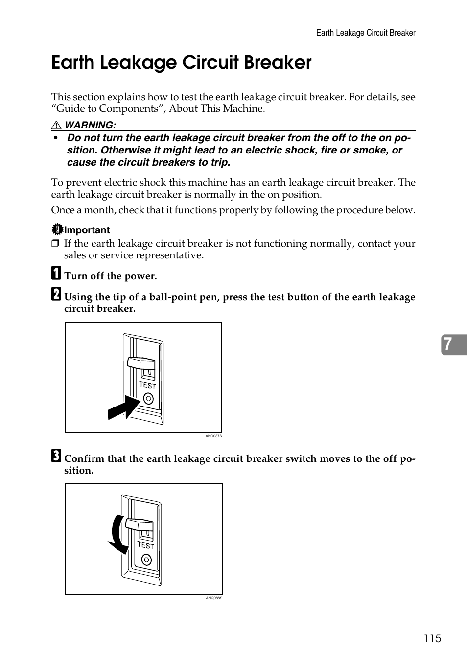 Earth leakage circuit breaker, 7earth leakage circuit breaker | Ricoh feeder User Manual | Page 121 / 126