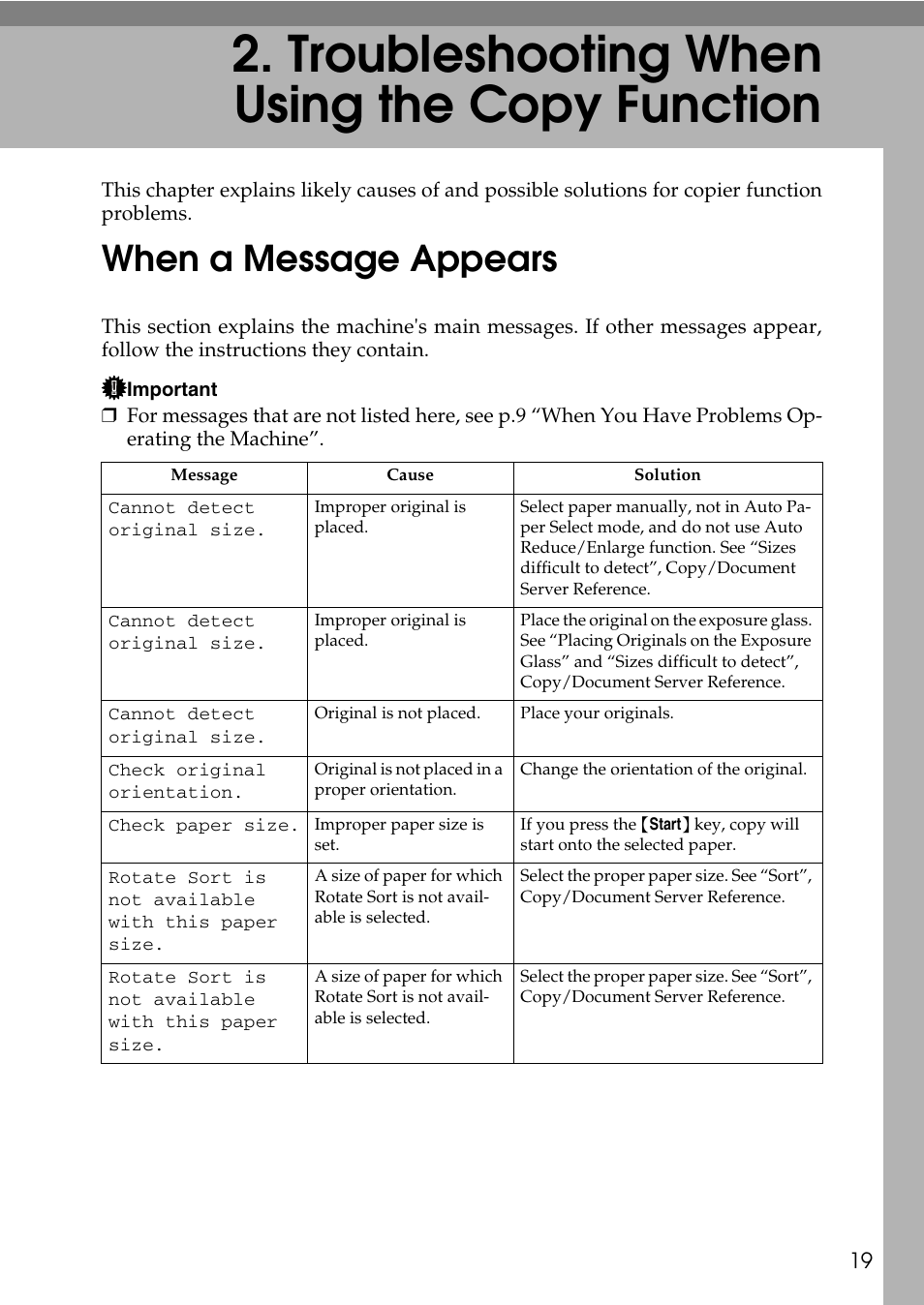  troubleshooting when using the copy function, When a message appears, Troubleshooting when using the copy function | P.19 “troubleshooting when using the copy function | Ricoh feeder User Manual | Page 25 / 126