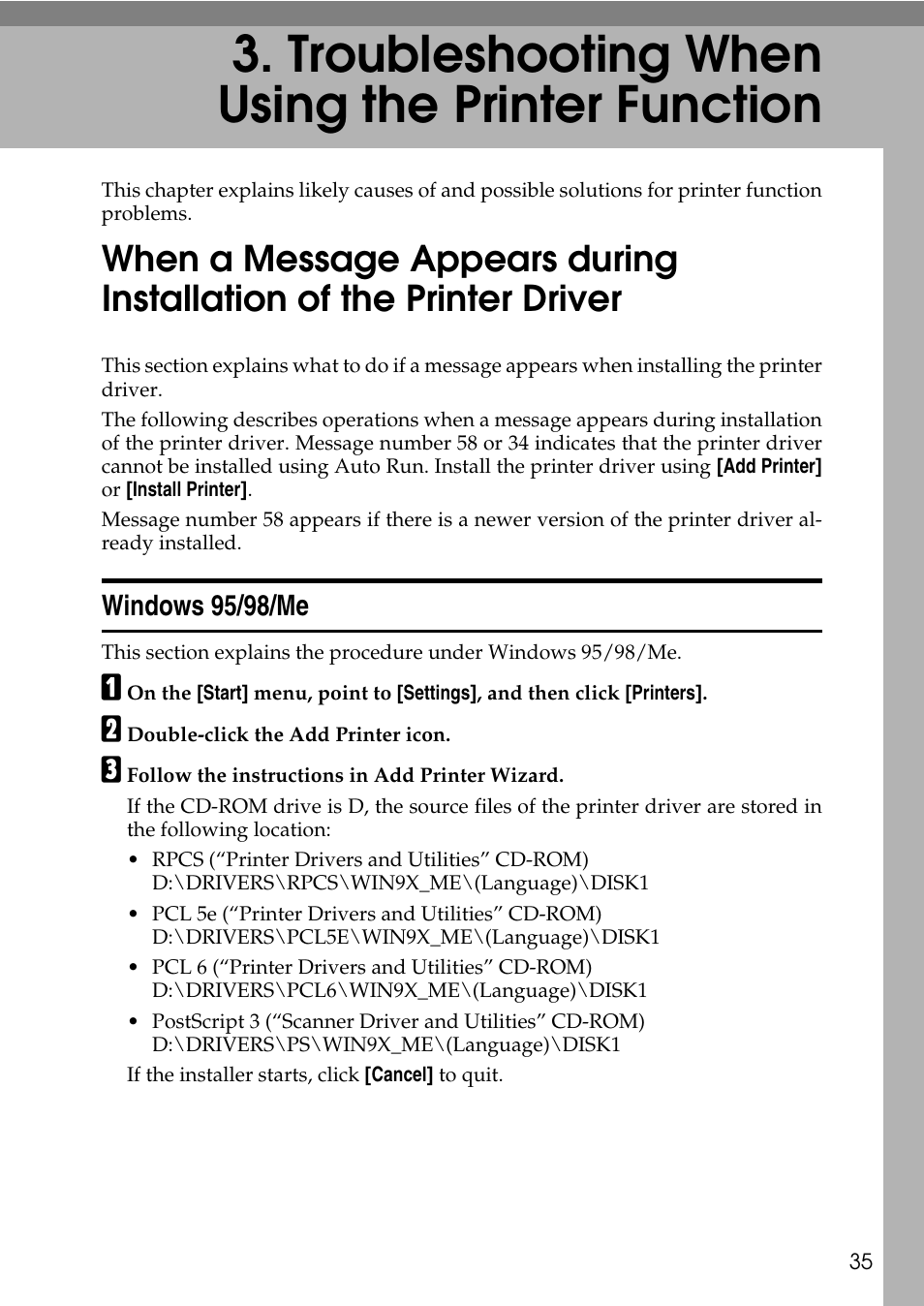  troubleshooting when using the printer function, Windows 95/98/me, Troubleshooting when using the printer function | Ricoh feeder User Manual | Page 41 / 126