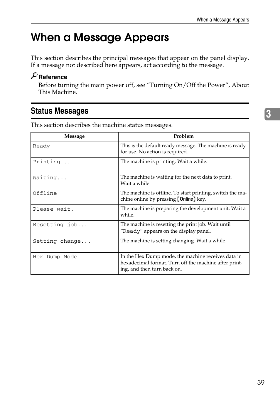 When a message appears, Status messages, 3when a message appears | Ricoh feeder User Manual | Page 45 / 126