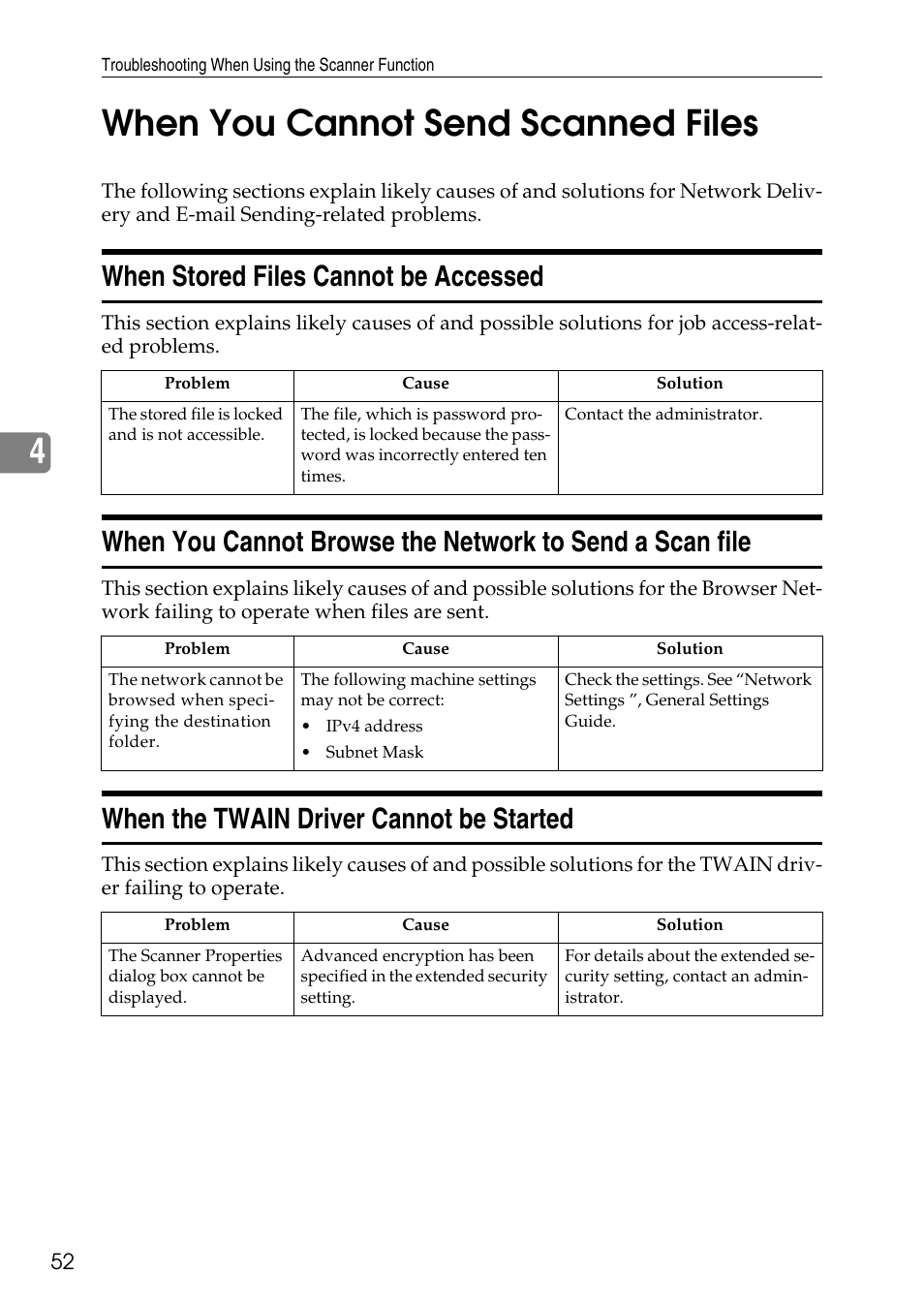 When you cannot send scanned files, When stored files cannot be accessed, When the twain driver cannot be started | 4when you cannot send scanned files | Ricoh feeder User Manual | Page 58 / 126