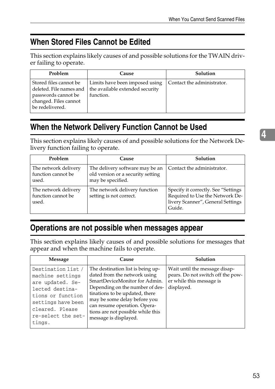 When stored files cannot be edited, When the network delivery function cannot be used, Operations are not possible when messages appear | Ricoh feeder User Manual | Page 59 / 126