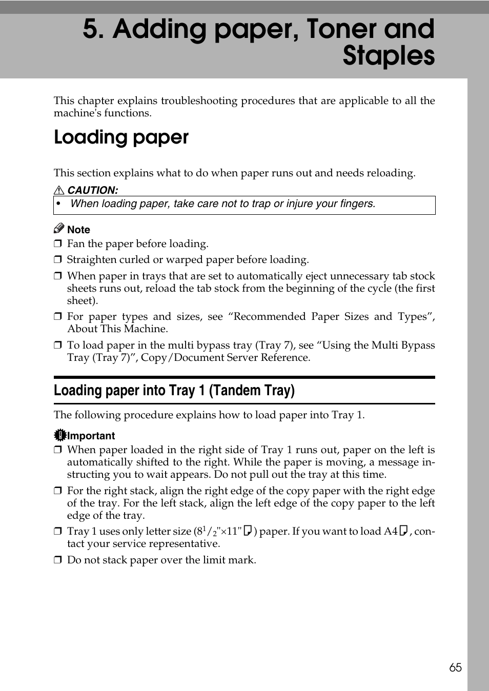  adding paper, toner and staples, Loading paper, Loading paper into tray 1 (tandem tray) | Adding paper, toner and staples, See p.65 “loading paper, Add more paper. see p.65 “loading pa- per | Ricoh feeder User Manual | Page 71 / 126